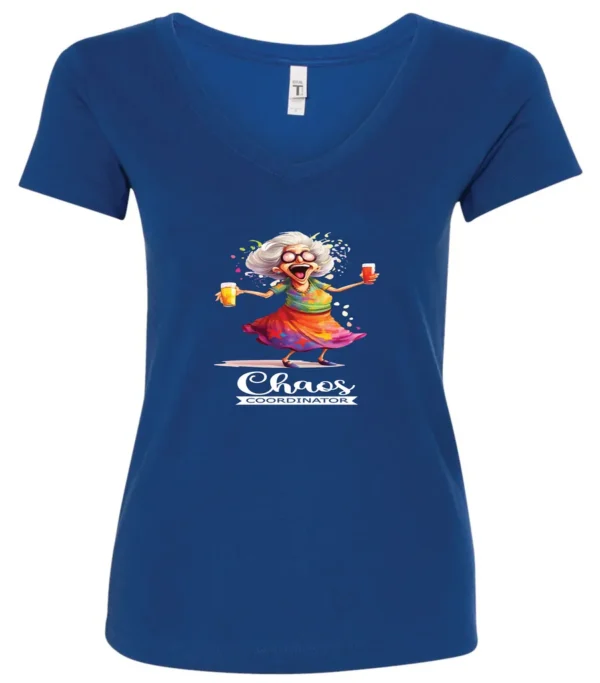blue party v-neck t-shirt featuring a drunk old woman with glasses holding two glasses of cocktail in each hand and it says chaos coordinator