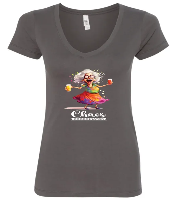 gray party v-neck t-shirt featuring a drunk old woman with glasses holding two glasses of cocktail in each hand and it says chaos coordinator