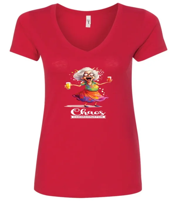 red party v-neck t-shirt featuring a drunk old woman with glasses holding two glasses of cocktail in each hand and it says chaos coordinator