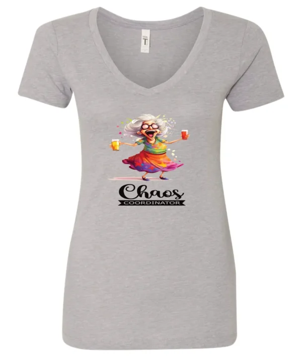 silver party v-neck t-shirt featuring a drunk old woman with glasses holding two glasses of cocktail in each hand and it says chaos coordinator