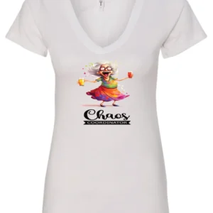 white party v-neck t-shirt featuring a drunk old woman with glasses holding two glasses of cocktail in each hand and it says chaos coordinator