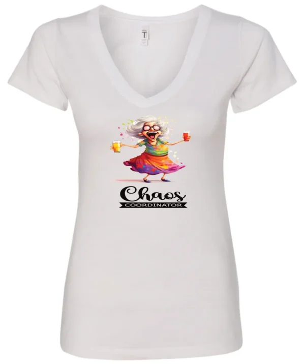 white party v-neck t-shirt featuring a drunk old woman with glasses holding two glasses of cocktail in each hand and it says chaos coordinator