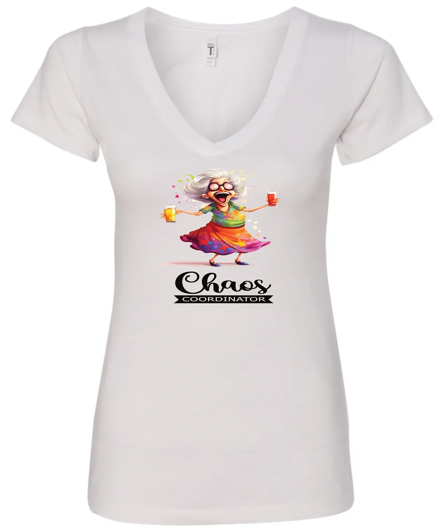 white party v-neck t-shirt featuring a drunk old woman with glasses holding two glasses of cocktail in each hand and it says chaos coordinator