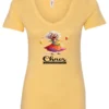 yellow party v-neck t-shirt featuring a drunk old woman with glasses holding two glasses of cocktail in each hand and it says chaos coordinator