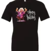 black funny cocktail t-shirt featuring a drunk old woman with glasses dancing and holding a glass of cocktail in each hand and it says cheers bitches
