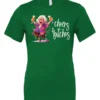 green funny cocktail t-shirt featuring a drunk old woman with glasses dancing and holding a glass of cocktail in each hand and it says cheers bitches