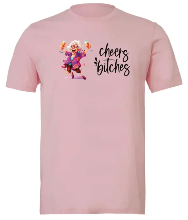 pink funny cocktail t-shirt featuring a drunk old woman with glasses dancing and holding a glass of cocktail in each hand and it says cheers bitches