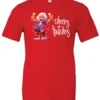 red funny cocktail t-shirt featuring a drunk old woman with glasses dancing and holding a glass of cocktail in each hand and it says cheers bitches