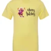 yellow funny cocktail t-shirt featuring a drunk old woman with glasses dancing and holding a glass of cocktail in each hand and it says cheers bitches