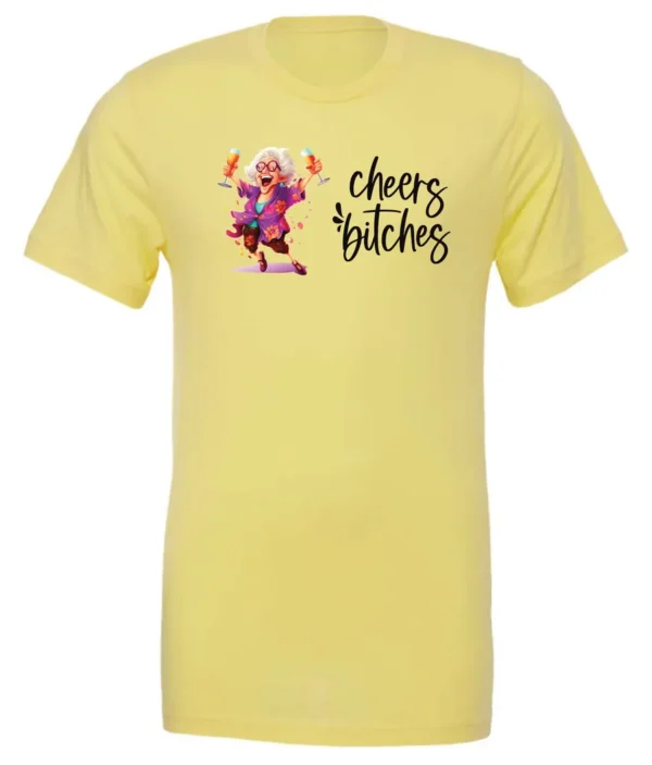 yellow funny cocktail t-shirt featuring a drunk old woman with glasses dancing and holding a glass of cocktail in each hand and it says cheers bitches