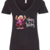 black funny cocktail v-neck t-shirt featuring a drunk old woman with glasses dancing and holding a glass of cocktail in each hand and it says cheers bitches