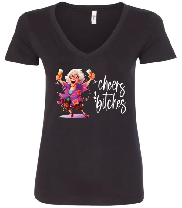 black funny cocktail v-neck t-shirt featuring a drunk old woman with glasses dancing and holding a glass of cocktail in each hand and it says cheers bitches
