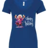 blue funny cocktail v-neck t-shirt featuring a drunk old woman with glasses dancing and holding a glass of cocktail in each hand and it says cheers bitches