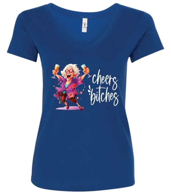 blue funny cocktail v-neck t-shirt featuring a drunk old woman with glasses dancing and holding a glass of cocktail in each hand and it says cheers bitches
