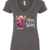 gray funny cocktail v-neck t-shirt featuring a drunk old woman with glasses dancing and holding a glass of cocktail in each hand and it says cheers bitches