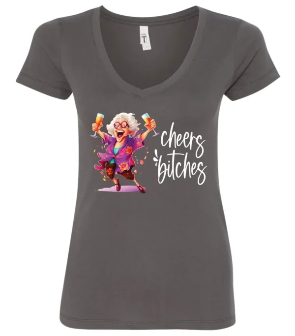 gray funny cocktail v-neck t-shirt featuring a drunk old woman with glasses dancing and holding a glass of cocktail in each hand and it says cheers bitches