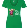 green funny cocktail v-neck t-shirt featuring a drunk old woman with glasses dancing and holding a glass of cocktail in each hand and it says cheers bitches