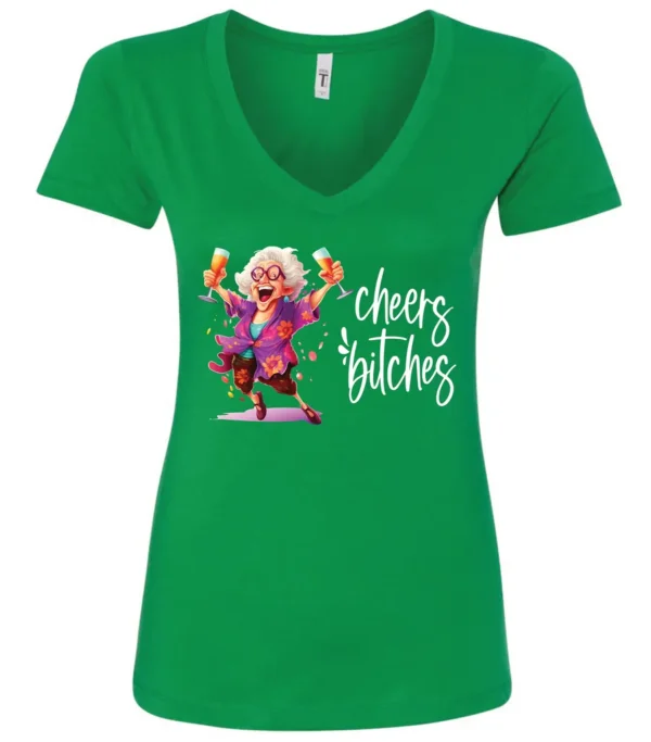 green funny cocktail v-neck t-shirt featuring a drunk old woman with glasses dancing and holding a glass of cocktail in each hand and it says cheers bitches