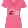pink funny cocktail v-neck t-shirt featuring a drunk old woman with glasses dancing and holding a glass of cocktail in each hand and it says cheers bitches