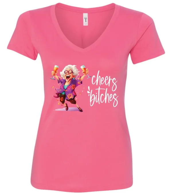 pink funny cocktail v-neck t-shirt featuring a drunk old woman with glasses dancing and holding a glass of cocktail in each hand and it says cheers bitches
