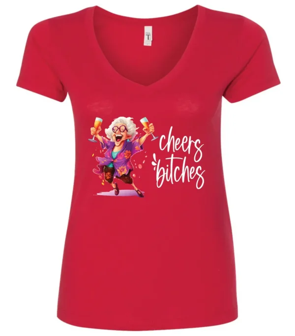 red funny cocktail v-neck t-shirt featuring a drunk old woman with glasses dancing and holding a glass of cocktail in each hand and it says cheers bitches