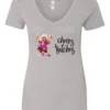 silver funny cocktail v-neck t-shirt featuring a drunk old woman with glasses dancing and holding a glass of cocktail in each hand and it says cheers bitches