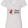 white funny cocktail v-neck t-shirt featuring a drunk old woman with glasses dancing and holding a glass of cocktail in each hand and it says cheers bitches