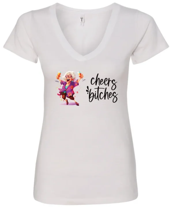 white funny cocktail v-neck t-shirt featuring a drunk old woman with glasses dancing and holding a glass of cocktail in each hand and it says cheers bitches