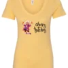 yellow funny cocktail v-neck t-shirt featuring a drunk old woman with glasses dancing and holding a glass of cocktail in each hand and it says cheers bitches