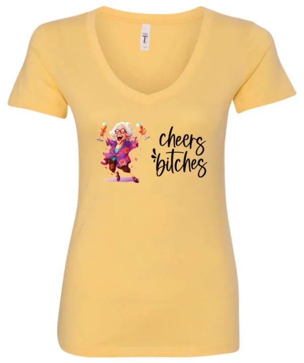 yellow funny cocktail v-neck t-shirt featuring a drunk old woman with glasses dancing and holding a glass of cocktail in each hand and it says cheers bitches
