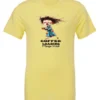 yellow coffee t-shirt featuring a disheveled young woman with eyes closed in pajamas with a cup of coffee, it says coffee loading please wait
