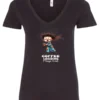 black coffee v-neck t-shirt featuring a disheveled young woman with eyes closed in pajamas with a cup of coffee, it says coffee loading please wait