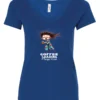 blue coffee v-neck t-shirt featuring a disheveled young woman with eyes closed in pajamas with a cup of coffee, it says coffee loading please wait