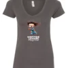gray coffee v-neck t-shirt featuring a disheveled young woman with eyes closed in pajamas with a cup of coffee, it says coffee loading please wait