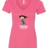 pink coffee v-neck t-shirt featuring a disheveled young woman with eyes closed in pajamas with a cup of coffee, it says coffee loading please wait