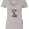 silver coffee v-neck t-shirt featuring a disheveled young woman with eyes closed in pajamas with a cup of coffee, it says coffee loading please wait