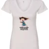 white coffee v-neck t-shirt featuring a disheveled young woman with eyes closed in pajamas with a cup of coffee, it says coffee loading please wait