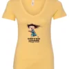 yellow coffee v-neck t-shirt featuring a disheveled young woman with eyes closed in pajamas with a cup of coffee, it says coffee loading please wait