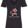 black Christmas humor v-neck t-shirt featuring santa claus sitting on the toilet, reading the newspaper and smoking a cigarette, and it says cookie break gone wrong