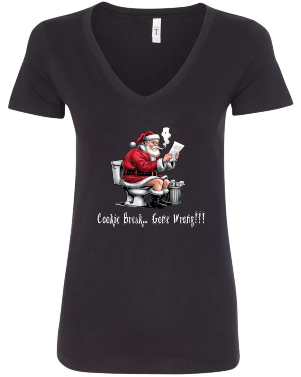 black Christmas humor v-neck t-shirt featuring santa claus sitting on the toilet, reading the newspaper and smoking a cigarette, and it says cookie break gone wrong