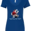 blue Christmas humor v-neck t-shirt featuring santa claus sitting on the toilet, reading the newspaper and smoking a cigarette, and it says cookie break gone wrong