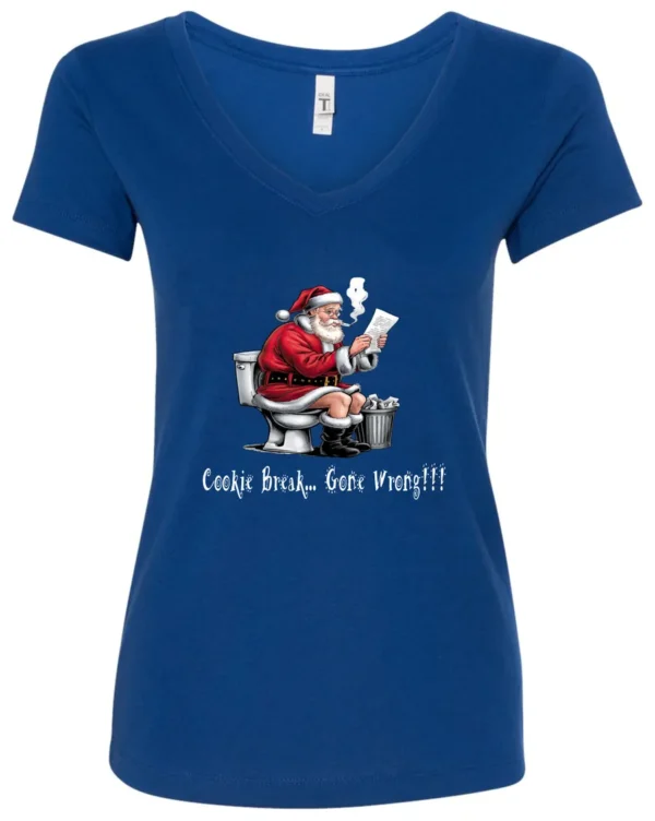 blue Christmas humor v-neck t-shirt featuring santa claus sitting on the toilet, reading the newspaper and smoking a cigarette, and it says cookie break gone wrong