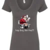 gray Christmas humor v-neck t-shirt featuring santa claus sitting on the toilet, reading the newspaper and smoking a cigarette, and it says cookie break gone wrong