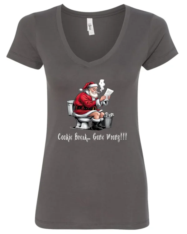 gray Christmas humor v-neck t-shirt featuring santa claus sitting on the toilet, reading the newspaper and smoking a cigarette, and it says cookie break gone wrong