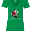 green Christmas humor v-neck t-shirt featuring santa claus sitting on the toilet, reading the newspaper and smoking a cigarette, and it says cookie break gone wrong