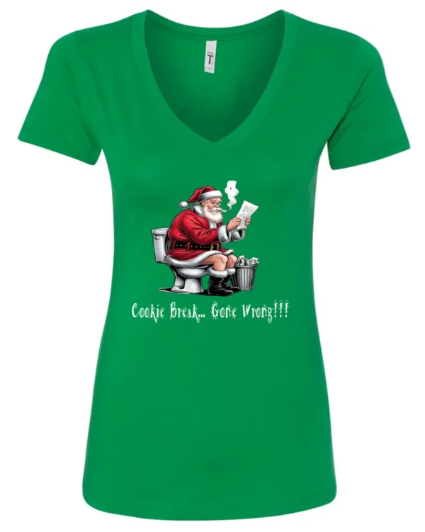 green Christmas humor v-neck t-shirt featuring santa claus sitting on the toilet, reading the newspaper and smoking a cigarette, and it says cookie break gone wrong