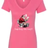 pink Christmas humor v-neck t-shirt featuring santa claus sitting on the toilet, reading the newspaper and smoking a cigarette, and it says cookie break gone wrong