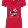 red Christmas humor v-neck t-shirt featuring santa claus sitting on the toilet, reading the newspaper and smoking a cigarette, and it says cookie break gone wrong