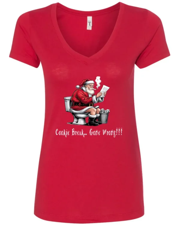 red Christmas humor v-neck t-shirt featuring santa claus sitting on the toilet, reading the newspaper and smoking a cigarette, and it says cookie break gone wrong
