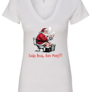 white Christmas humor v-neck t-shirt featuring santa claus sitting on the toilet, reading the newspaper and smoking a cigarette, and it says cookie break gone wrong